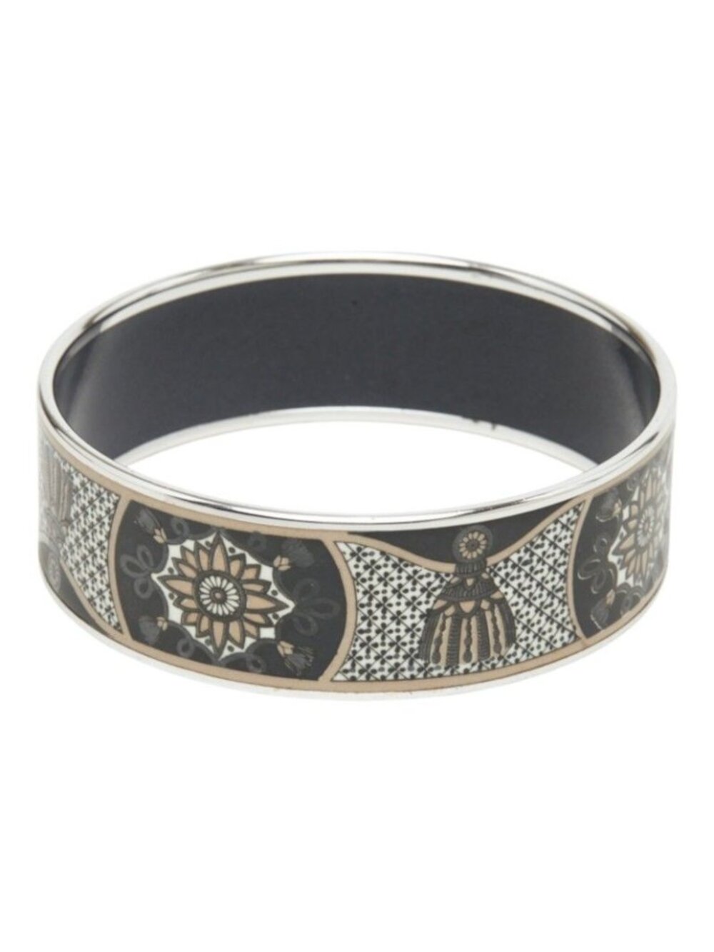 Hermes Enamel GM Cloisonne Bangle Silver Black Metal Bracelet